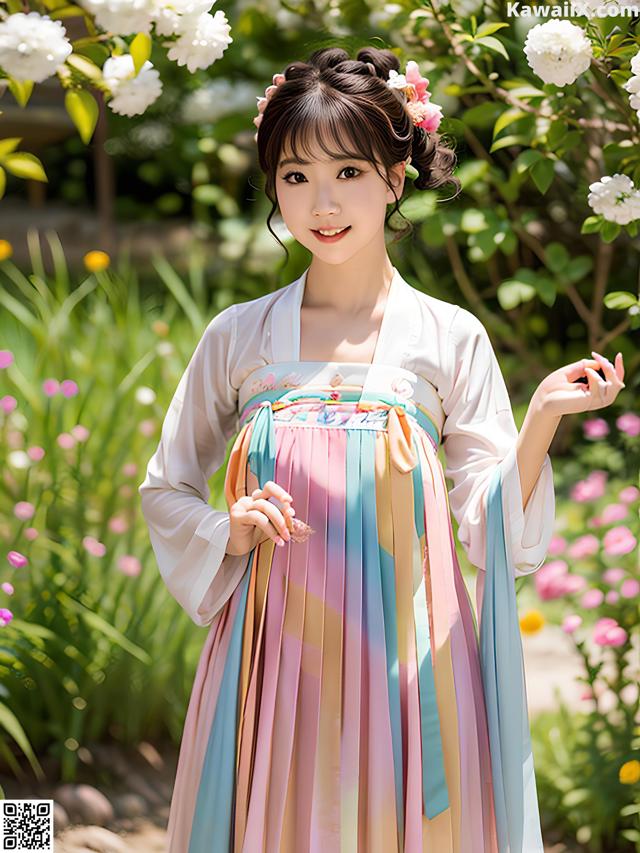 A woman in a colorful dress standing in front of flowers.