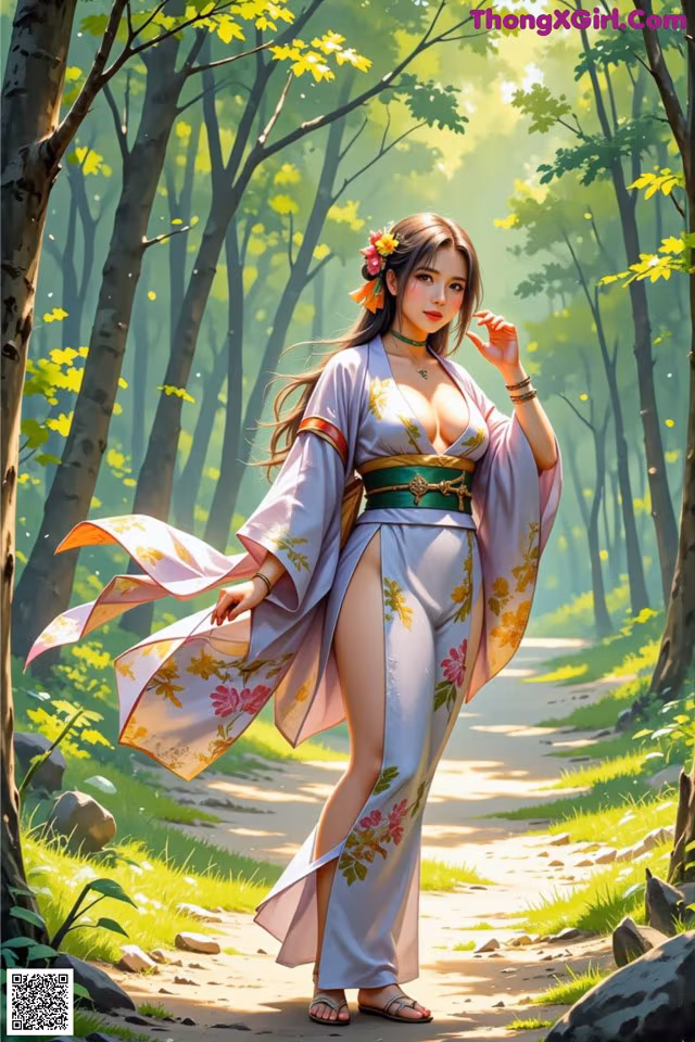A woman in a kimono walking down a path in the woods.