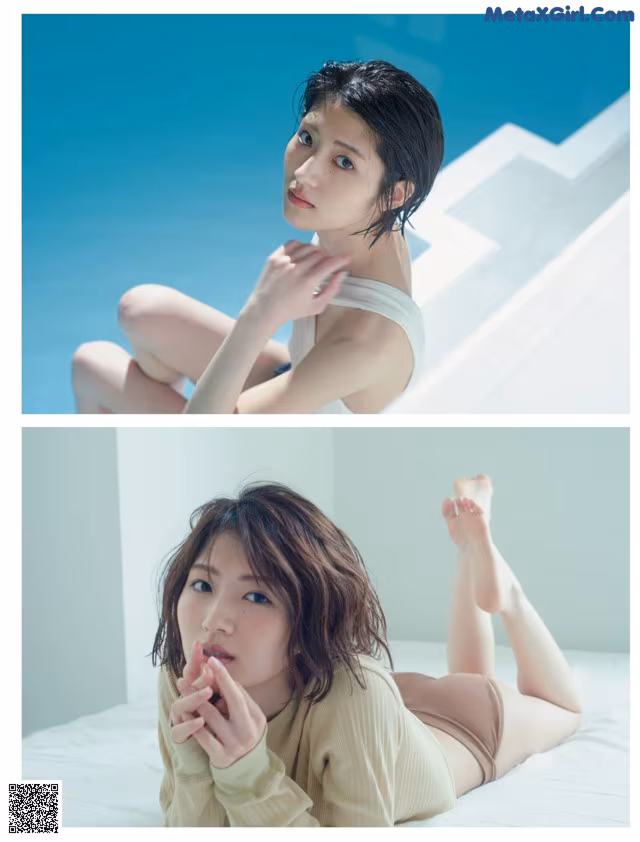 A woman laying on top of a bed next to a pool.
