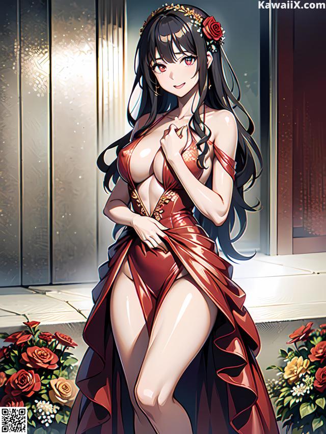 A woman in a red dress with a flower crown on her head.