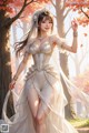 A woman in a wedding dress standing in the woods.